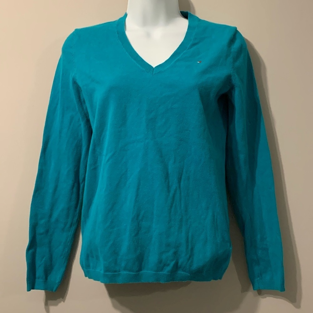 TOMMY HILFIGER Women Blue Green V-Neck Sweater